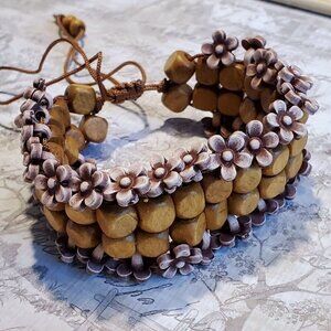Vintage 90s Y2K Brown Wood Mauve Purple Acrylic Flower Beads Adjustable Bracelet